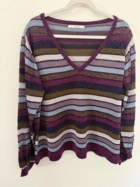Uterque Metallic Lurex Striped V-Neck Knit Sweater Puffed Sleeve Multicolor M/L